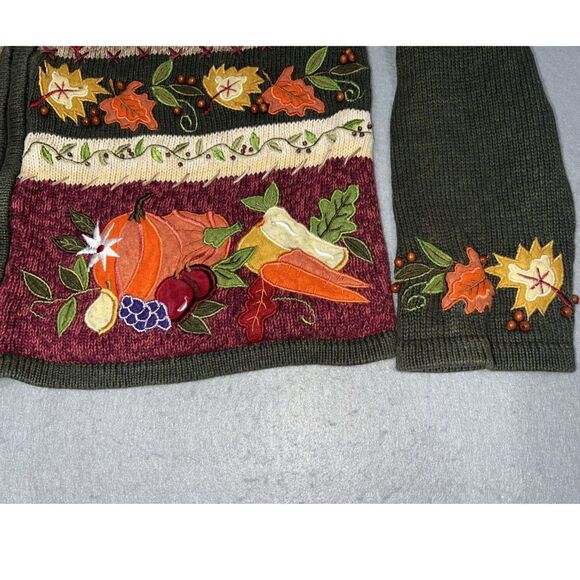 Fall Chicken Thanksgiving Flower Knit Vintage Green Granny Zip M Sweater RN83437 - Picture 4 of 6